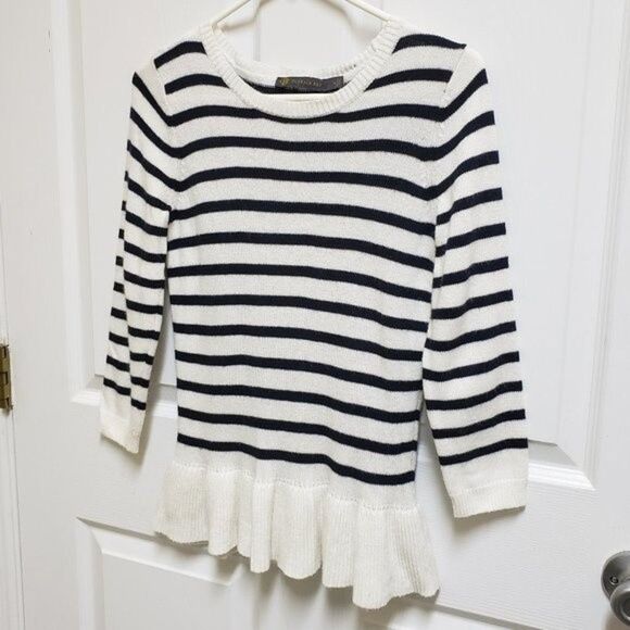 Outback Red Sweater S Navy White Viscose Blend Striped Knit Back Bow Peplum Hem - Picture 5 of 8